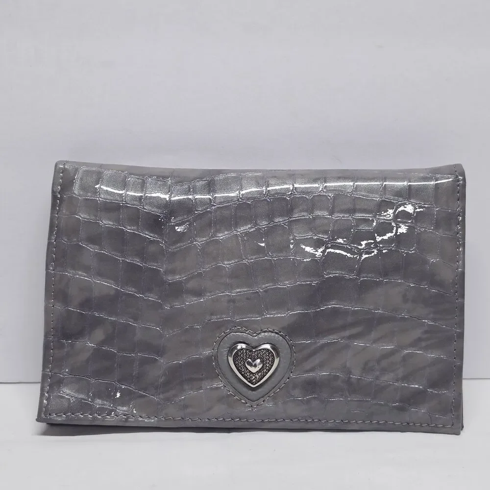 Brighton Bellissimo Heart Folio Wallet Gray Patent Leather Crocodile Embossed
